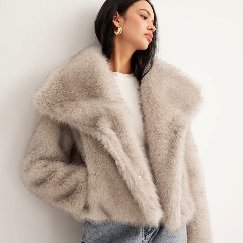 Commese Khaki Faux Fur Button Wool Coat, NWT